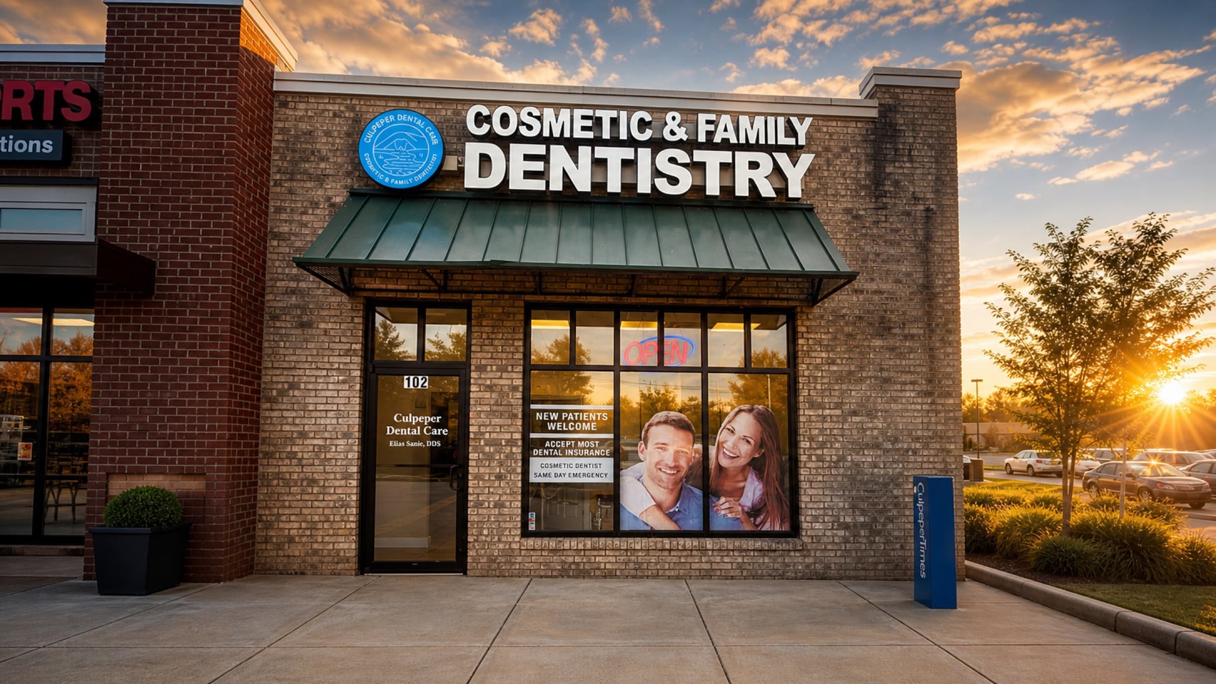 Culpeper Dental Care storefront at golden hour with new-patients-welcome window signage