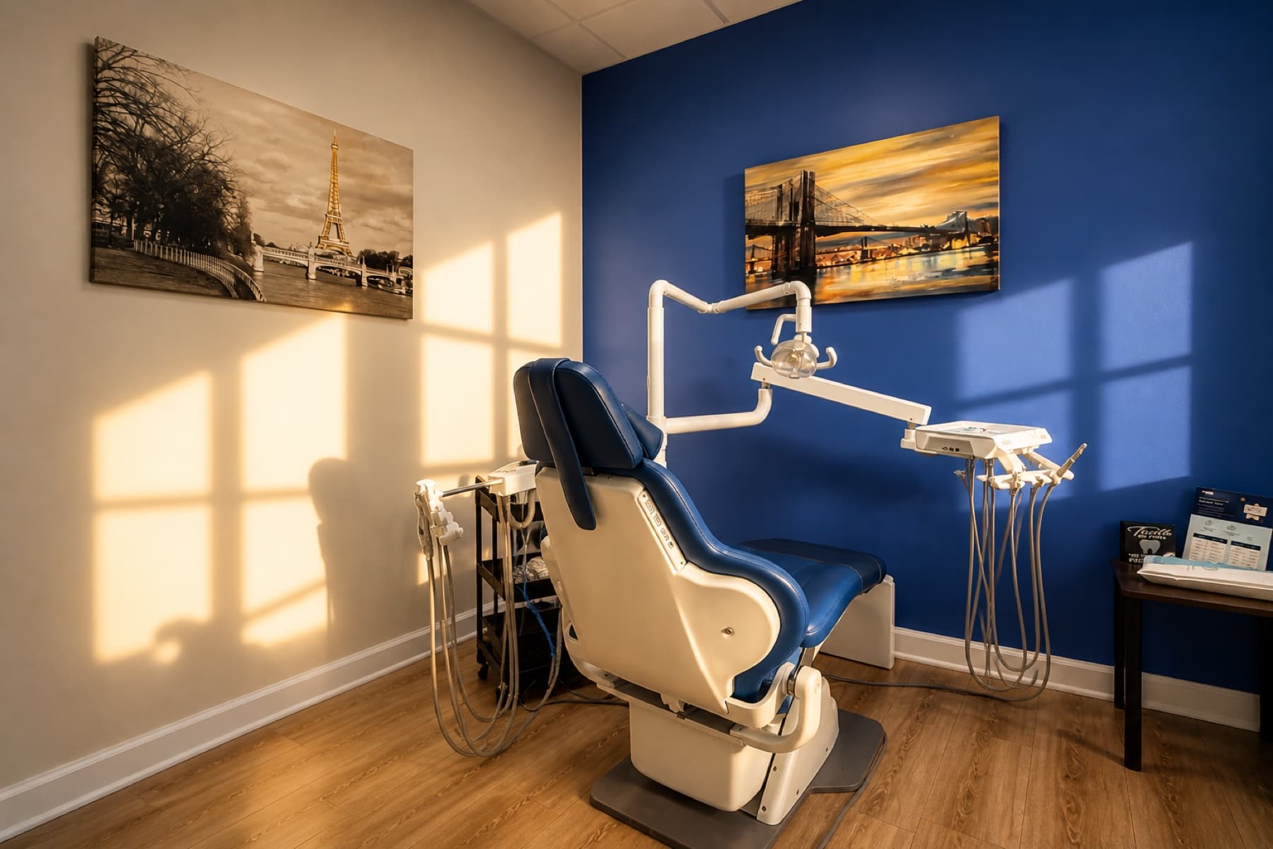 Treatment room with blue dental chair, navy accent wall, and Paris-themed wall art