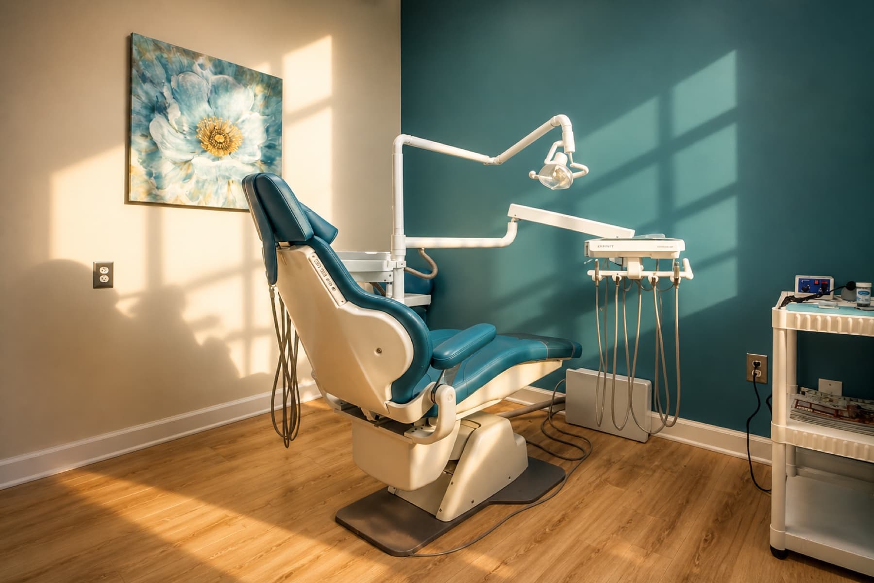 Treatment room with teal accent wall, floral art, and a teal dental chair