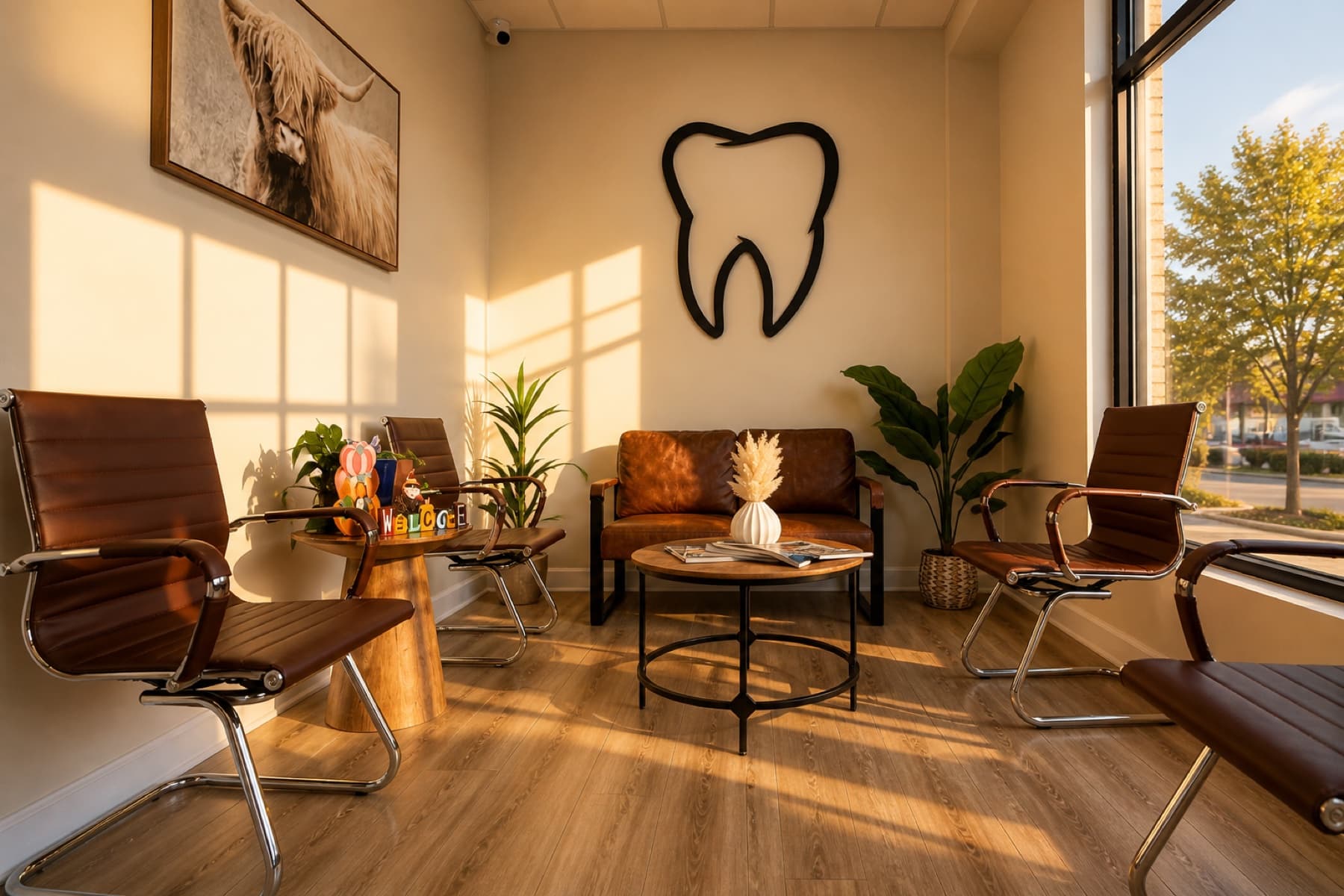 Culpeper Dental Care waiting room with leather seating, plants, and a wood-paneled feature wall