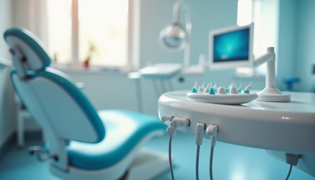Young patient in a dental chair smiling with a friendly assistant